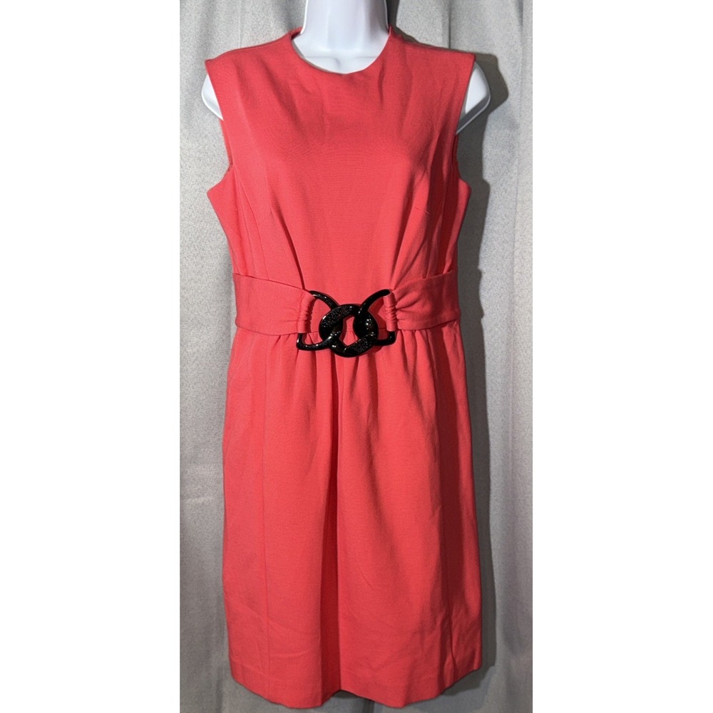 Milly of New York Coral Orange Belted Shift Dress Black Chain Buckle Waist Med M